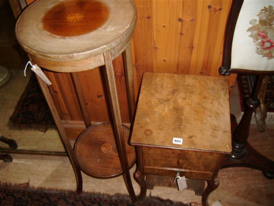 Walnut work table and a mahogany plant stand